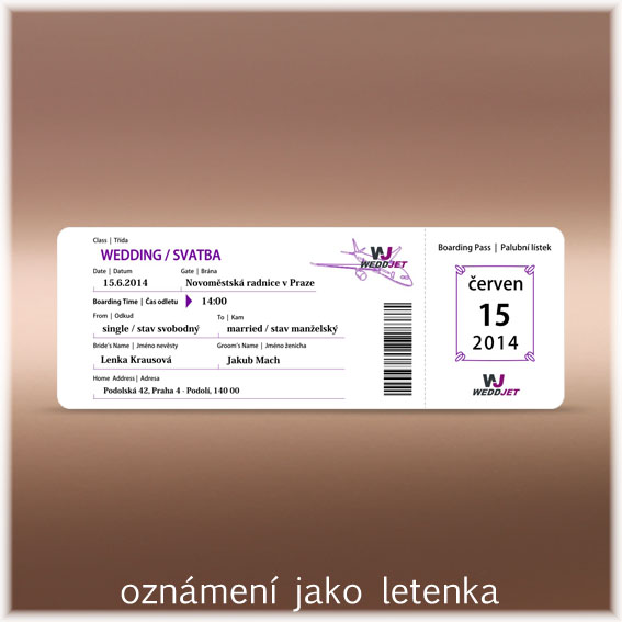 Svatební oznámení jako letenka